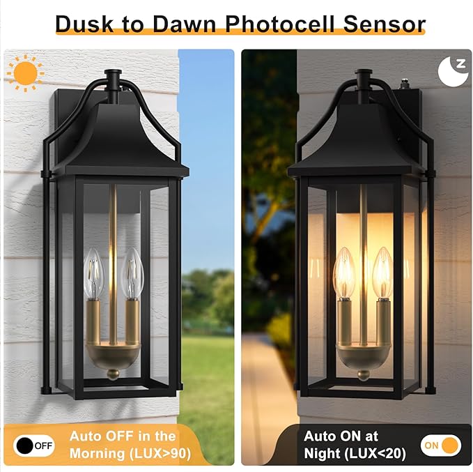 𝟏𝟖𝑰𝑵 Outdoor Wall Sconce Fixture, Dusk to Dawn Patio Lights Waterproof Exterior Lanterns, 2-Light Modern Wall Lights Mounted with Glass, Black Outside Light for House Front Door Decor