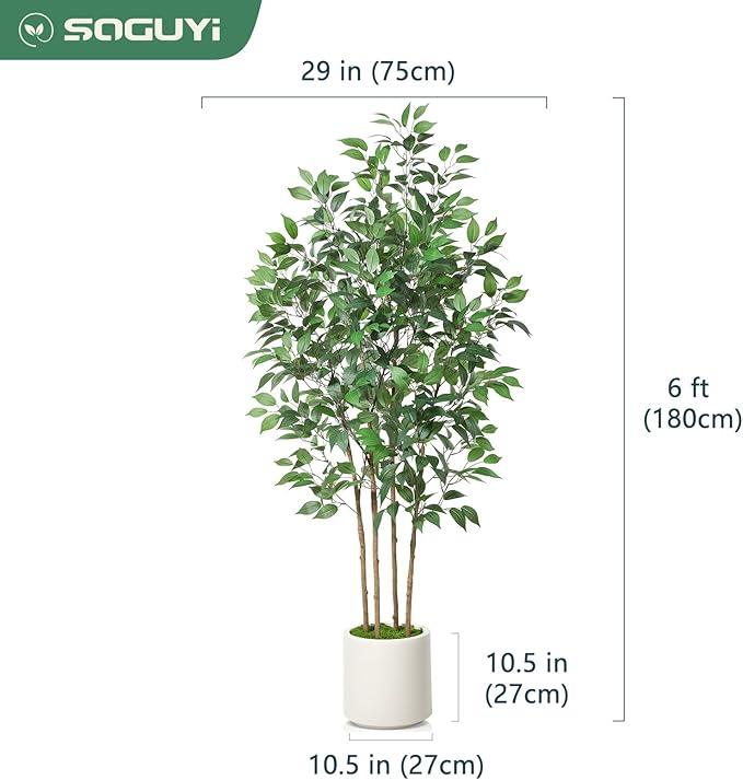 Ficus Artificial Tree 6ft Fake Silk Plant for Home Decor Indoor, Faux Floor Tree in White Imitation Ceramic Planter with Green Fake Moss for Home Office Corner Indoor Decor, Set of 1