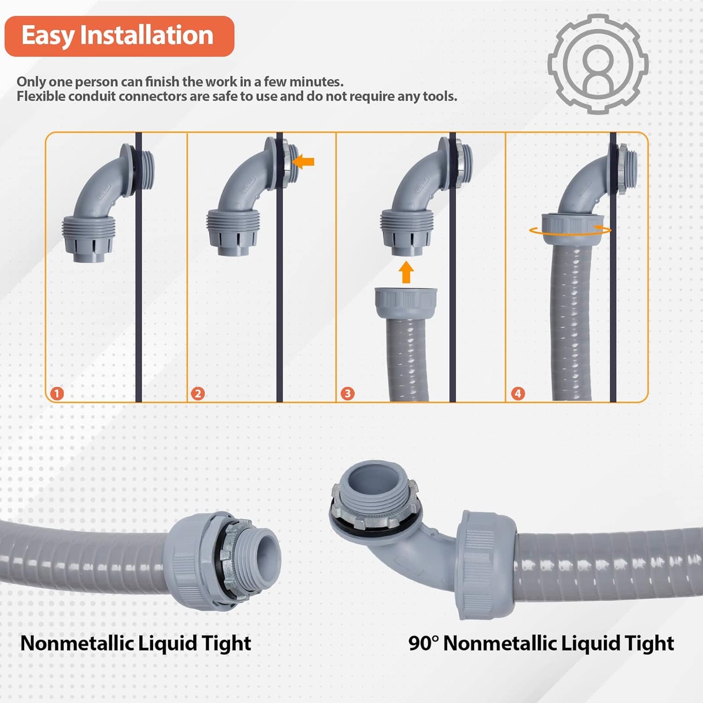 Liquid-Tight Conduit 1-1/4 inch 25ft, Electrical Conduit w/UL Certification, Flexible Conduit with 5 Straight and 5 90-Degree Conduit Connector Fittings Gray