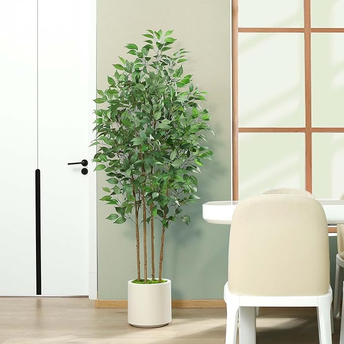 Ficus Artificial Tree 6ft Fake Silk Plant for Home Decor Indoor, Faux Floor Tree in White Imitation Ceramic Planter with Green Fake Moss for Home Office Corner Indoor Decor, Set of 1