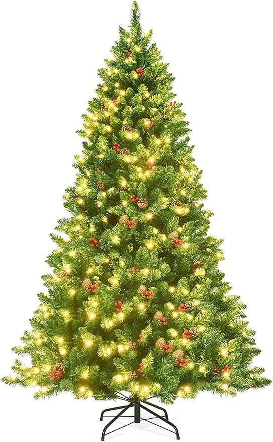 Happygrill 6.5 Feet Christmas Tree with Sturdy Metal Stand Artificial Xmas Tree with Pine Cones Red Berries