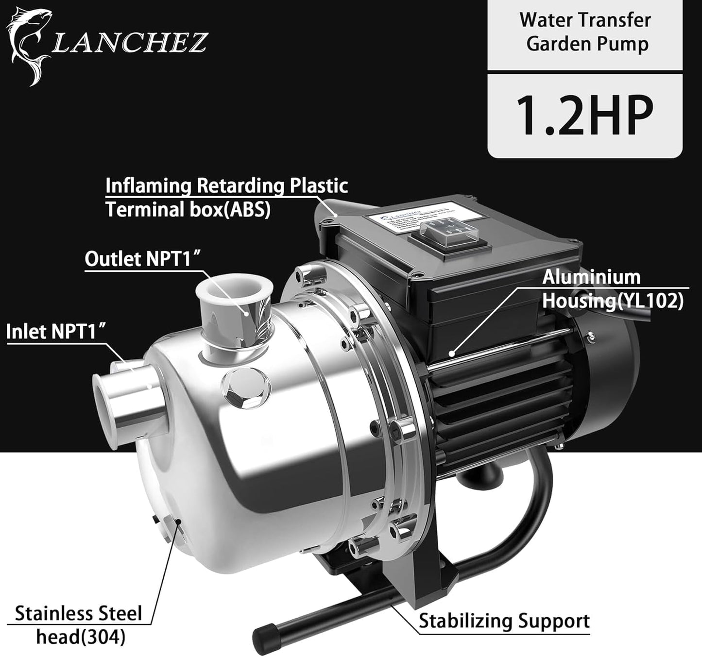 LANCHEZ 1/2 HP Shallow Well Garden Pump, Portable Stainless Steel Water Transfer Draining Irrigation Pump for Lawn Fountain, 960 GPH, 125 Feet Height