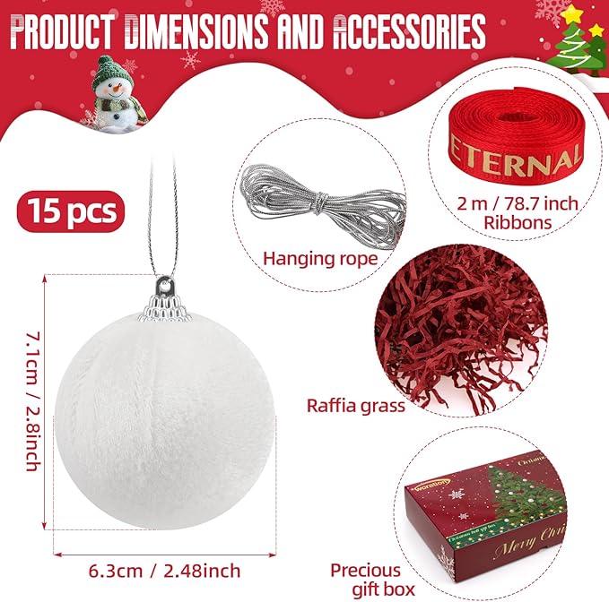 Woration 15pcs White Velvet Christmas Tree Ball Ornaments Decorative 2.36inches Christmas Plastic Balls Decorations for Xmas Trees Wreath Garland Party