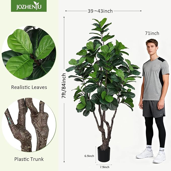 7FT Artificial Fiddle Leaf Fig Tree for Home Decor, Realistic Faux Plants Indoor Ficus Lyrata Trees in Pot, Fake Floor Plant for Living Room Office Christmas Housewarming Gift