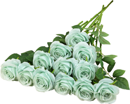 12pcs Roses Artificial Flowers Fake Roses Sage Green Silk Roses White Silk Flowers Rose with Long Stems for Wedding Home Party Centerpieces Decorations
