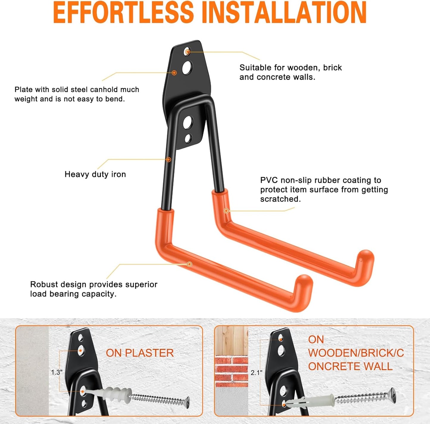 Heavy Duty Garage Hooks 8 Pack, 7.7 inch U Shaped Long Hanger, Wall Mounted Storage System, Power and Garden Tool Organizer, for Hanging Ladders, Bikes, Hose, Bulk Items and More