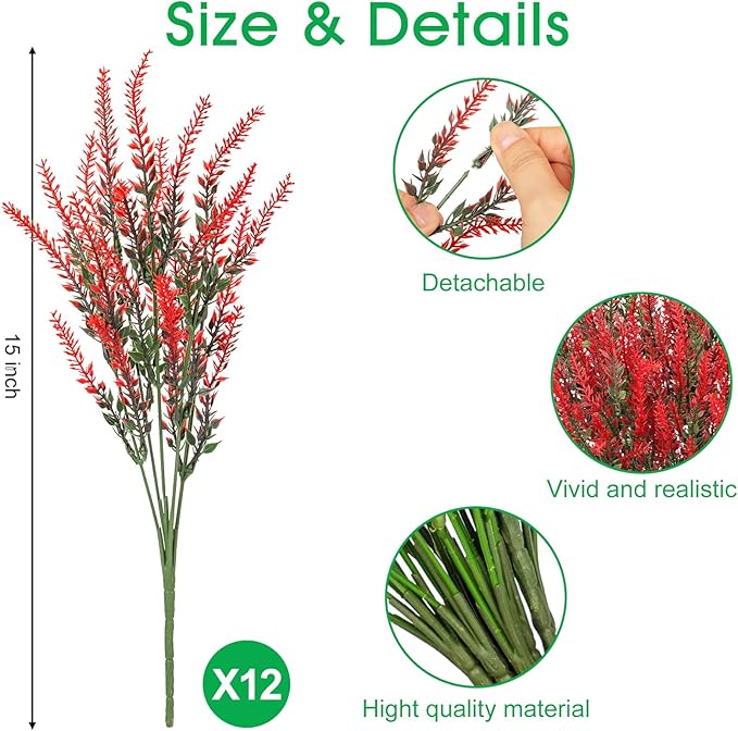 Ouddy Decor 12 Bundles Artificial Lavender Fake Flowers Faux Plastic Plants for Home Wedding Kitchen Garden Patio Window Box Office Table Centerpieces Indoor Outdoor Decor, Red