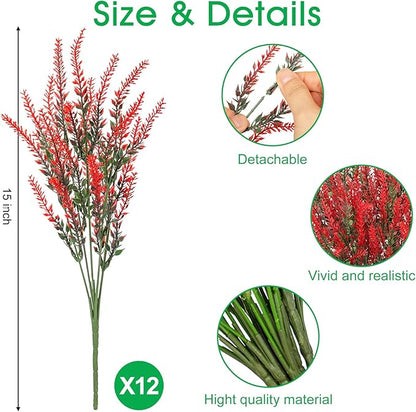 Ouddy Decor 12 Bundles Artificial Lavender Fake Flowers Faux Plastic Plants for Home Wedding Kitchen Garden Patio Window Box Office Table Centerpieces Indoor Outdoor Decor, Red