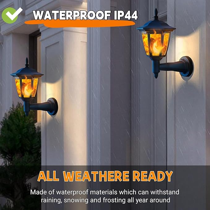 Dynaming 4 Pack Solar Flame Wall Lanterns Outdoor, Solar Powered Wall Mounted Sconce Lights, Flickering Flame LED Lights Auto On/Off Wall Hanging Lights, Waterproof for Garage Stair Patio Porch Yard