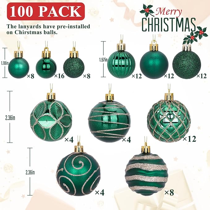 100 Pack Dark Green Christmas Ball Ornaments Set, Hand-Painted Shatterproof Hanging Decorations, Assorted Emerald Green Baubles Bulk for Xmas Tree Wreath, Winter Holiday Home Party Decor