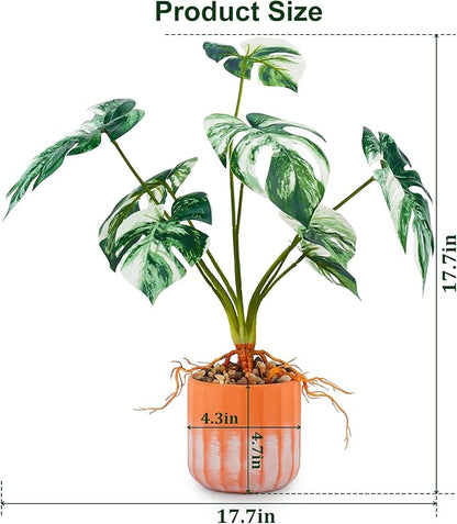 Tall Fake Monstera Plant, 8 Leaves Faux Tree in Red & White Ceramic Pot, Artificial Plants Indoor & Outdoor, Decorative Floor Plant for Living Room, House Decor
