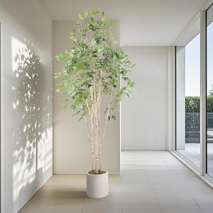 Artificial Fake Ficus Tree 8FT Tall 1Pack with White Planter & Free Moss, Artificial Plants Indoor, Artificial Trees for Home Decor Indoor, Faux Ficus Tree