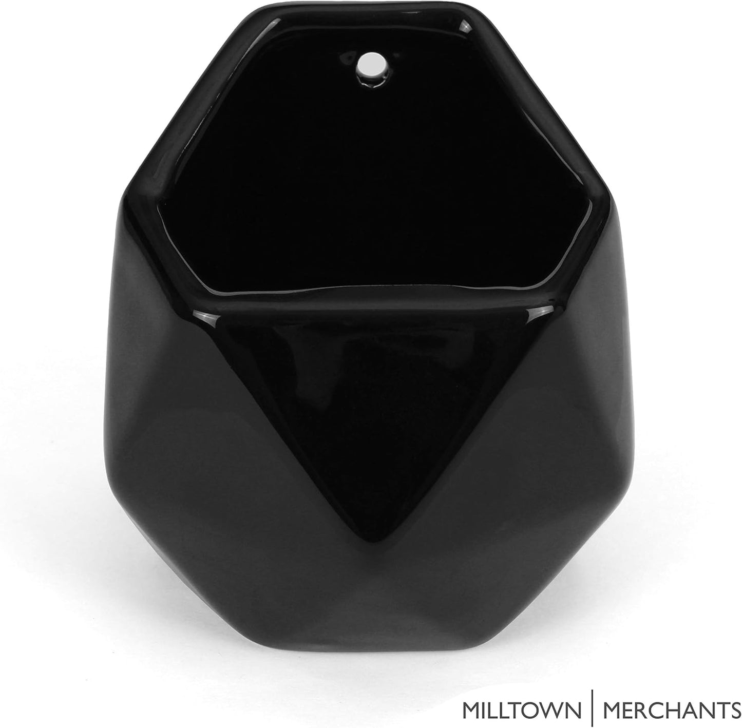 Milltown Merchants Succulent Wall Planter - Black Ceramic Mounted Planter - Succulent Plant Pot - Hanging Vase for Living Wall (1 Pack/Geometric/Black)