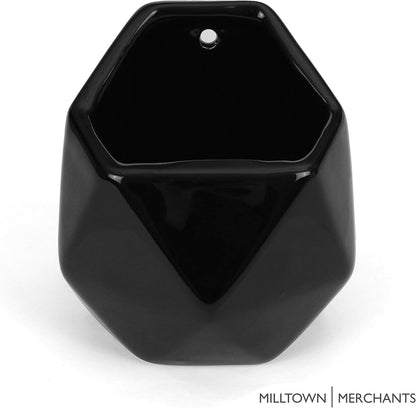 Milltown Merchants Succulent Wall Planter - Black Ceramic Mounted Planter - Succulent Plant Pot - Hanging Vase for Living Wall (1 Pack/Geometric/Black)