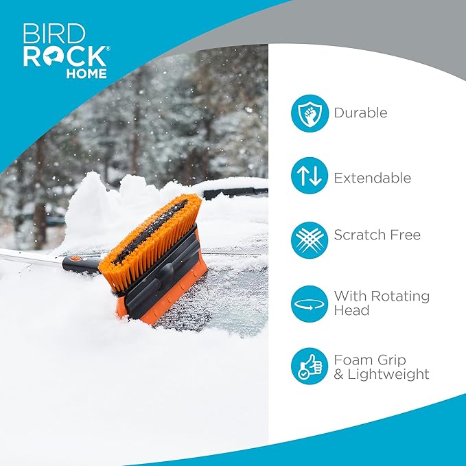 BIRDROCK HOME 60" Extendable Car Snow Brush and Ice Scraper | Lightweight Aluminum Snow Clearing Tool w/Detachable Ice Scraper w/Ergonomic Grip Design | 13" Foam & Bristle Head for Truck Car SUV RV