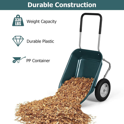 ERGOMASTER Dual-Wheel Wheelbarrow, Home Utility Garden Cart, 330 LBS Capacity, Large Heavy Duty Yard Cart for Gardening & Planting, Lawn, Farm, Construction Site, Green