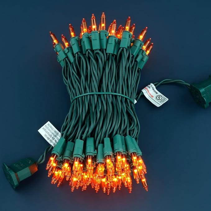 YULETIME 100 Count Orange Christmas Lights, 33 Feet Green Wire UL Certified Incandescent-Like LED Mini String Lights