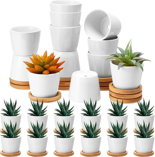 Hsei 24 Pack 2.5 Inch Mini Succulent Plant Pots Small Ceramic Flower Pot with Bamboo Tray Garden Cactus Herb Container, Home Office Decoration for Christmas Birthday Wedding Favor Gifts (White)