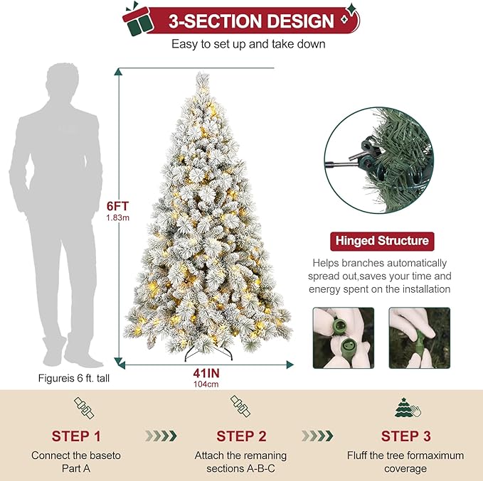 6 FT Pre-Lit Snow Flocked Slim Fir Christmas Tree with 935 PE & PVC Mixed Branch Tips,Artificial Skinny Pencil Xmas Tree with 600 Warm-White Lights & 31 Pine Cones,Hinged Pine Tree with Metal Stand