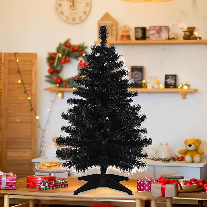 3 Ft Artificial Christmas Tree for Tabletop, Mini Xmas Tree with Plastic Stand for Indoor Outdoor Holiday Home Party Christmas Decorations Black