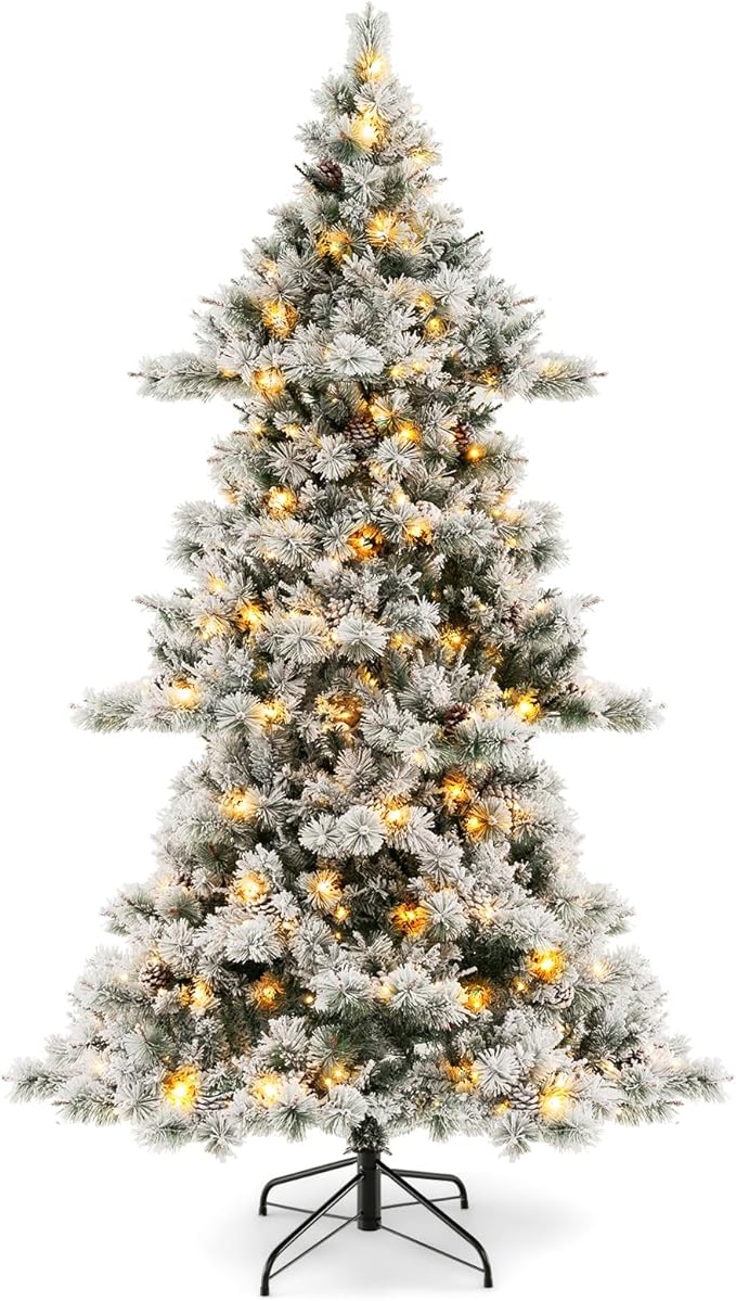 HAPPYGRILL 7 FT Pre-Lit Christmas Tree, Flocked Xmas Tree with Pine Needles, 1057 Branch Tips, 420 Warm White LED Lights & 62 Pine Cones, Hinged Xmas Tree with 2 Pairs of Gloves