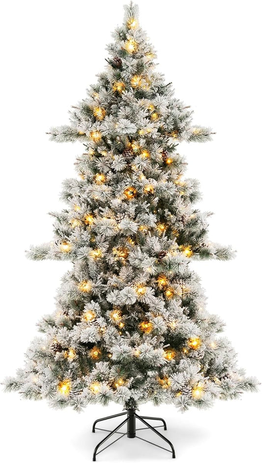 HAPPYGRILL 7 FT Pre-Lit Christmas Tree, Flocked Xmas Tree with Pine Needles, 1057 Branch Tips, 420 Warm White LED Lights & 62 Pine Cones, Hinged Xmas Tree with 2 Pairs of Gloves