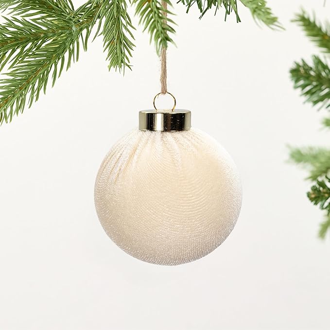 18PCS White Velvet Christmas Ornaments Set – Large Matte Flocked Shatterproof Baubles for Xmas Tree Decoration, Warm Neutral Hanging Ornaments for Holiday & Home Décor (Ivory White, 3 Inch / 8 cm)