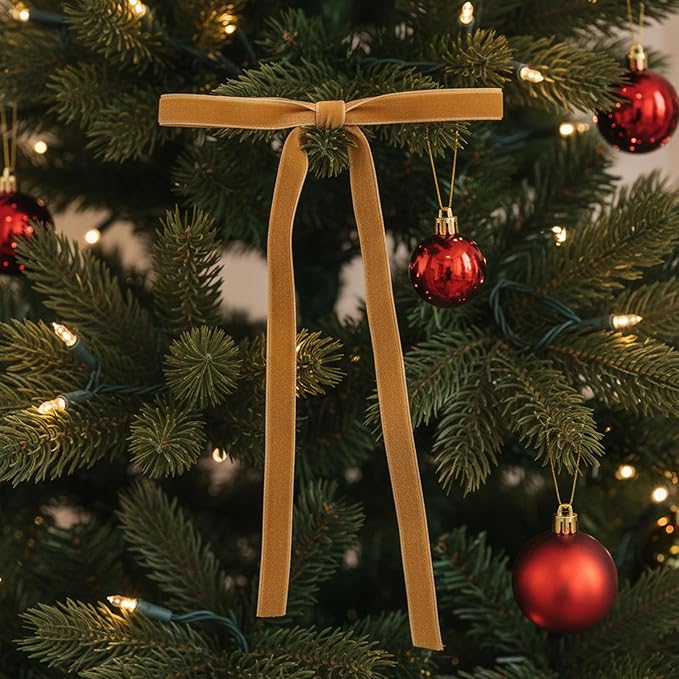 36 Pcs Velvet Christmas Tree Bows Decor, Vintage Wreath Bow for Christmas Garland, Gift Wrapping, Xmas Tree, 3/8'' Wide, 5 * 7 inch (Khaki)