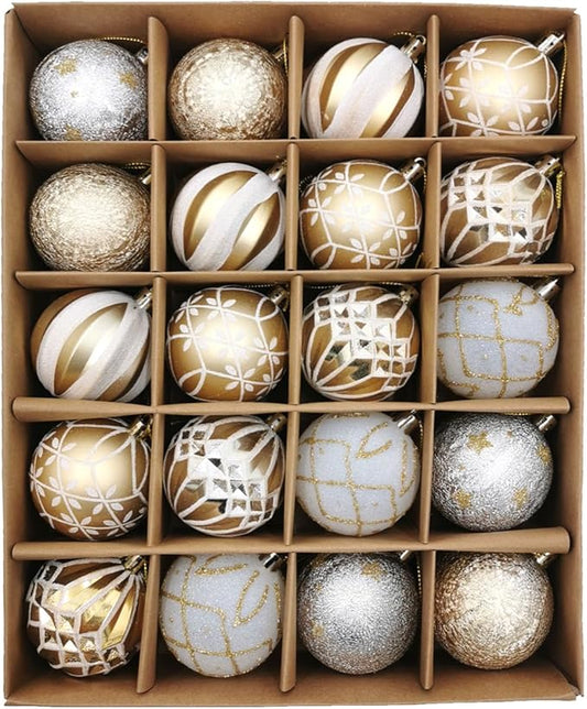 Christmas Ball Ornaments Set, 20ct 60mm Elegant White and Gold Assorted Christmas Tree Decorations, Shatterproof Christmas Tree Hanging Ornaments for Xmas Decoration