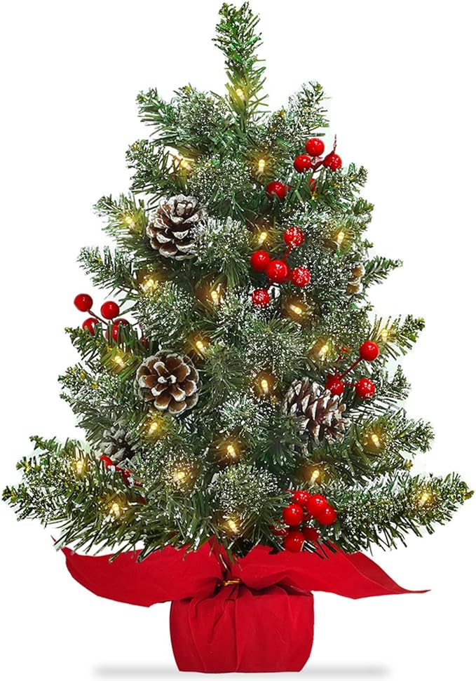 22 Inch Tabletop Christmas Tree with Lights Timer, Snowy Artificial Small Christmas Trees Battery Operated 30 Warm Lights Red Berries Pine Cone Stable Base Mini Tree Xmas Decorations Indoor Holiday