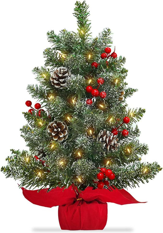 22 Inch Tabletop Christmas Tree with Lights Timer, Snowy Artificial Small Christmas Trees Battery Operated 30 Warm Lights Red Berries Pine Cone Stable Base Mini Tree Xmas Decorations Indoor Holiday