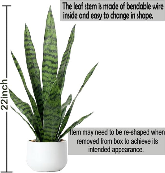 Artificial Snake Plant 22.5" Faux Agave Fake Sansevieria Artificial Potted Plants for Indoor and Outdoor Home Office Décor (White Pot)