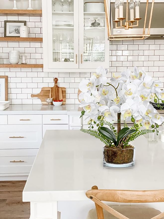 White Orchids Artificial Flowers 16.5" Faux Orchids Plant in Pot Fake Flower Arrangements with Glass Vases White Centerpieces for Kitchen Dining Room Tables Bathroom Nightstand Shelf Desk Decor