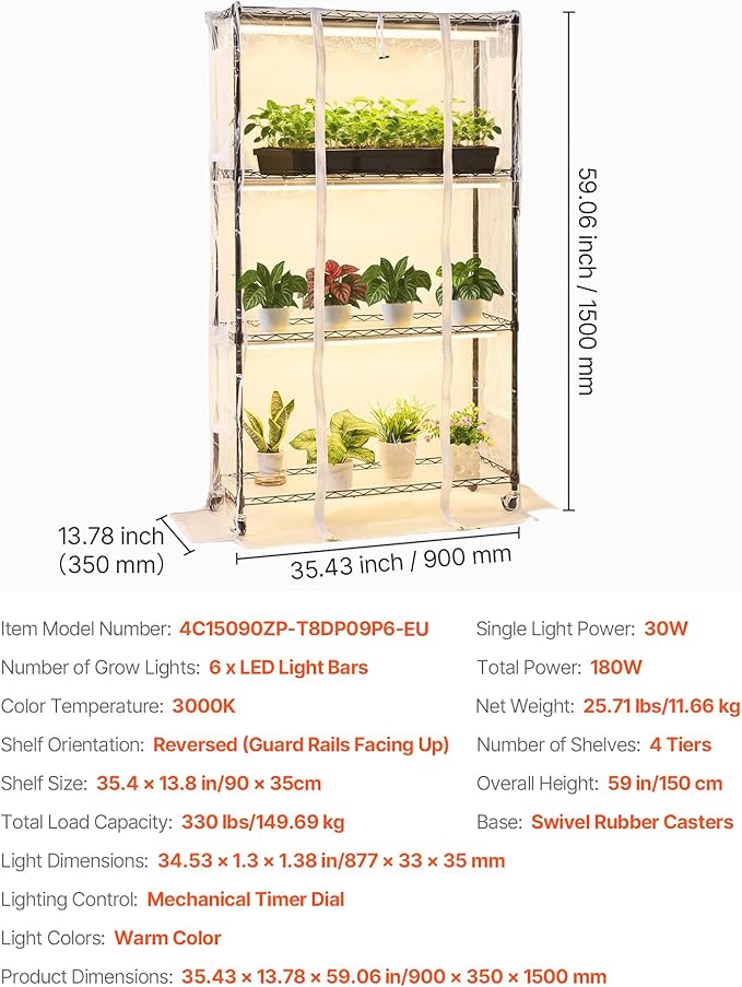 VEVOR Indoor Greenhouse with Grow Light, 59 in Tall 4-Tier Plant Stand with Clear Cover, Timer & Hygrometer, 180W Full Spectrum Grow Lights, Metal Lighted Plants Shelf Holder for Indoor Plants