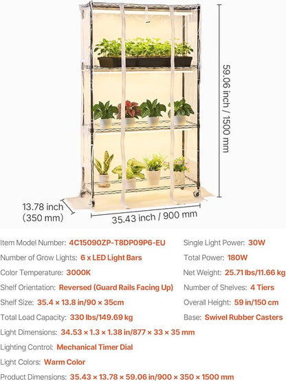 VEVOR Indoor Greenhouse with Grow Light, 59 in Tall 4-Tier Plant Stand with Clear Cover, Timer & Hygrometer, 180W Full Spectrum Grow Lights, Metal Lighted Plants Shelf Holder for Indoor Plants