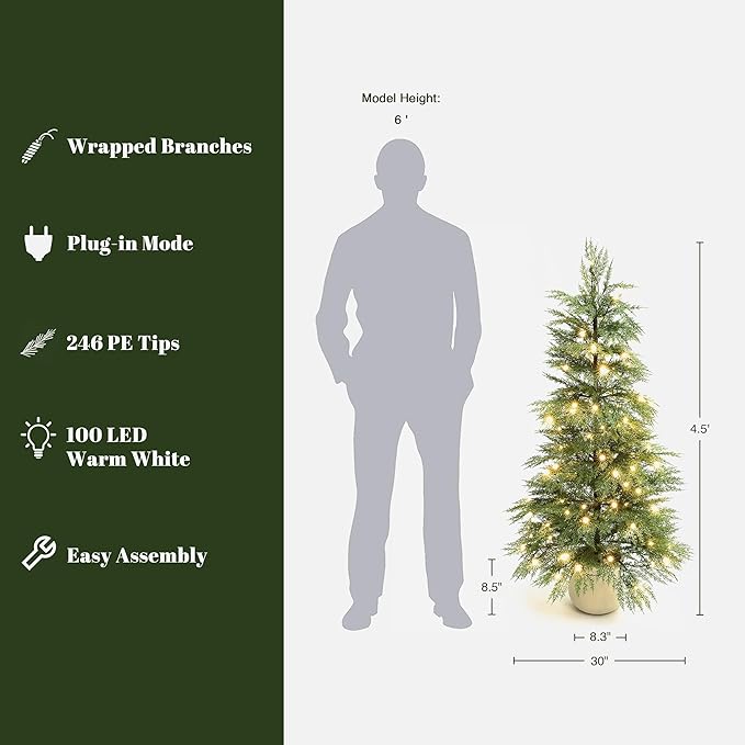 LuxenHome 4.5FT Small Christmas Tree, Potted Slim Artificial Christmas Trees with 100 Warm White LED Lights, Realistic Cedar Prelit Xmas Trees with White Planter Pot for Holiday Display