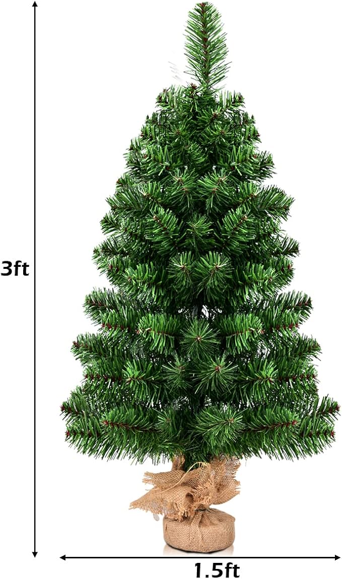 HAPPYGRILL 3 Feet Small Christmas Tree, Artificial Tabletop Mini Christmas Tree with 96 PVC Branch Tips, Burlap Cement Base, Spruce Xmas Tree for Home, Office Holiday Decoration, No Assembly Required