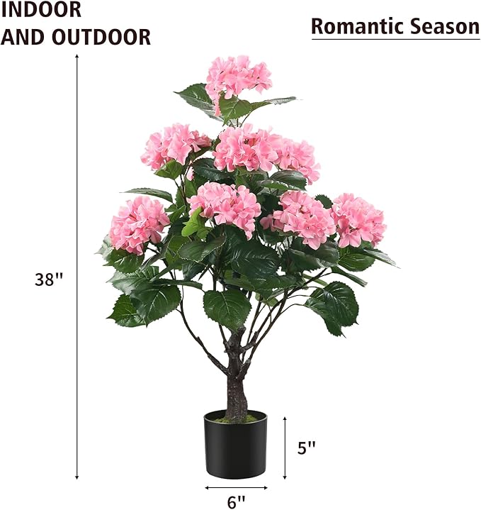 Romantic Season 38" Artificial Hydrangea Tree in Pot, Faux Potted Silk Hydrangea Plant for Indoor Outdoor Decoration, Lifelike Artificial Flower Tree for Home, Office, Patio, Garden Decor, Pink
