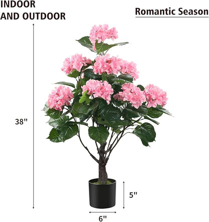 Romantic Season 38" Artificial Hydrangea Tree in Pot, Faux Potted Silk Hydrangea Plant for Indoor Outdoor Decoration, Lifelike Artificial Flower Tree for Home, Office, Patio, Garden Decor, Pink