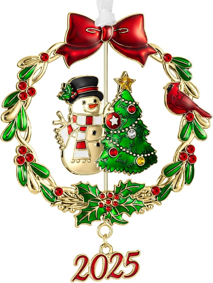 2025 Snowman Christmas Tree Ornament Metal Silver Hanging Rotatable Design Charm Holiday Decorative Pendant Gift Keepsake (Bow,Golden)