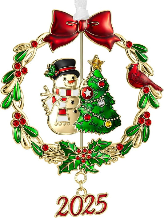 2025 Snowman Christmas Tree Ornament Metal Silver Hanging Rotatable Design Charm Holiday Decorative Pendant Gift Keepsake (Bow,Golden)