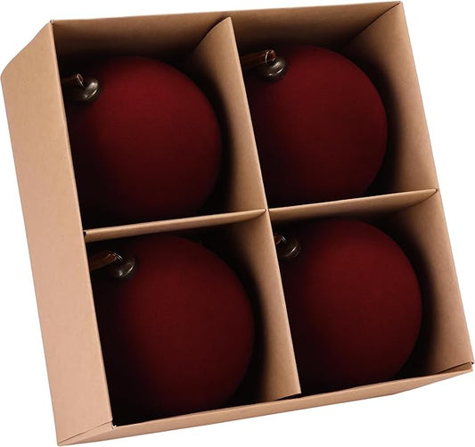 Sea Team 4-Pack Large Flocked Velvet Christmas Tree Ball Ornaments Set, Hanging Velour Baubles, Shatterproof Plastic Decorations for Xmas Tree, Wreath, Garland, 150mm/5.91 Inches, Burgundy