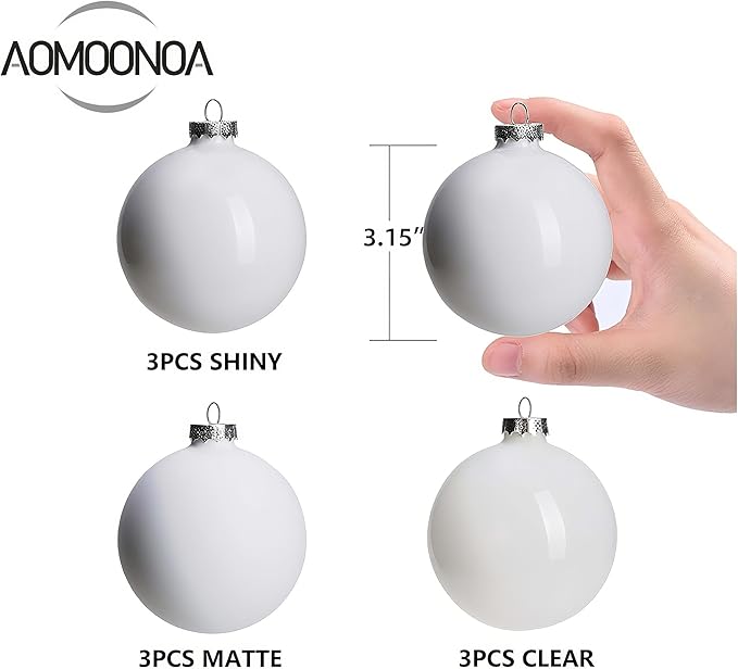White Glass Christmas Ball Ornaments for Trees, 3.15” Christmas Hanging Ornaments Set of 9 Xmas Baubles for Holiday Party Decorations Gifts
