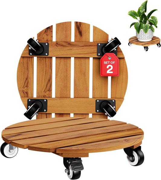 Idzo 2-Pack 14 Inch Acacia Wood Rolling Round Plant Caddy, Plant Caster for Heavy Duty Plant Stand with 360° Lockable Wheels, 264 lbs Capacity Caddy for Indoor and Outdoor Use, Natural Wood