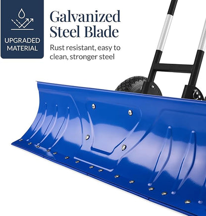 Best Choice Products 36in Galvanized Blade Heavy-Duty 2-Wheel Snow Pusher Hand Plow for Snow Removal w/Wheels, Adjustable Handle, Blade Angle - Blue
