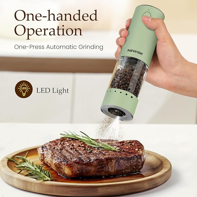 Electric Salt and Pepper Grinder Set Rechargeable with LED Lights, Automatic Pepper & Salt Mill, Adjustable Coarseness, Large Capacity, Green