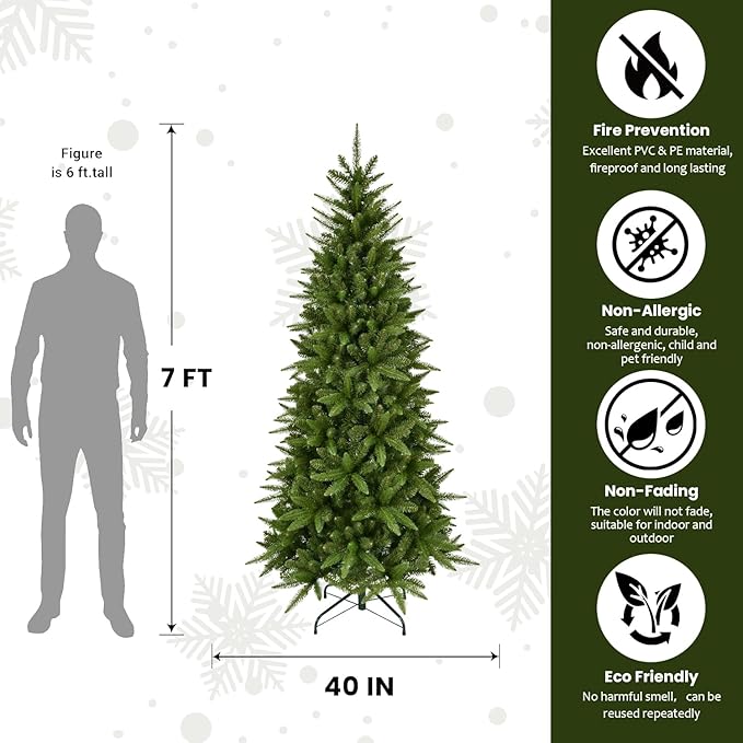 7ft Artificial Pencil Christmas Tree Hinged Realistic Slim Xmas Tree w/Sturdy Metal Stand, Fake Christmas Tree with 1180 Tips for Home, Office, Party Decoration Indoor