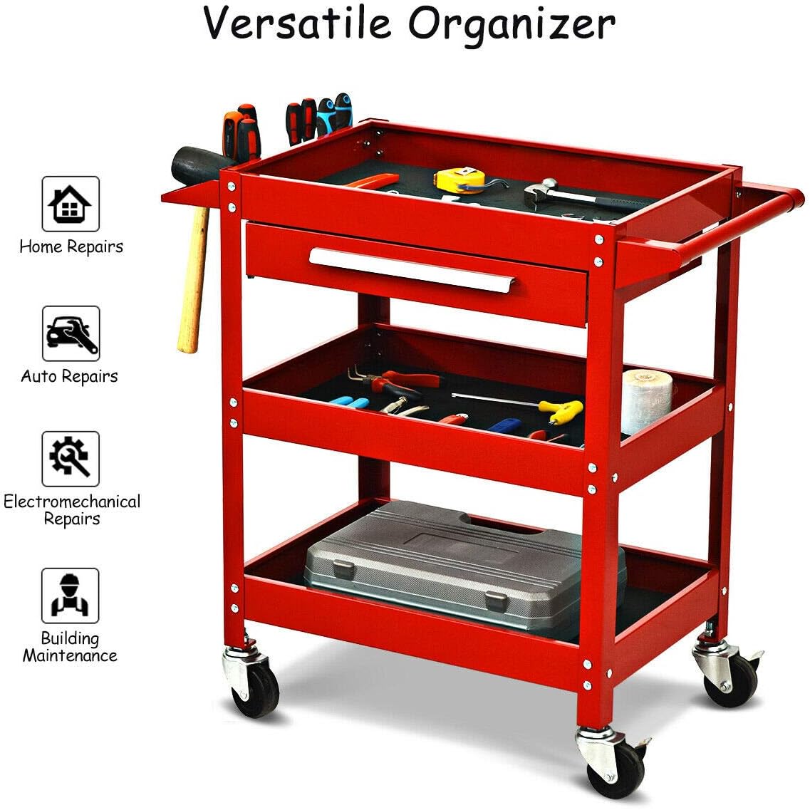 Goplus 3 Tier Rolling Tool Cart, 330 LBS Capacity Heavy Duty Utility Cart Tool Organizer with Storage Drawer, Industrial Commercial Service Tool Cart for Mechanics, Garage, Warehouse & Repair Shop