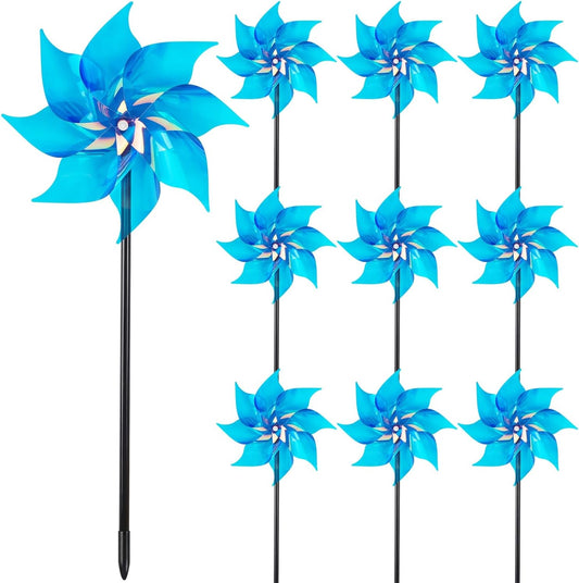 Hausse 10 Pack Reflective Pinwheels Wind Spinner, Extra Sparkly Pinwheel with Stakes, Bird Repellent Blinder Devices Deterrent to Scare Birds Away from Yard Patio Farm Garden, Transparent Blue