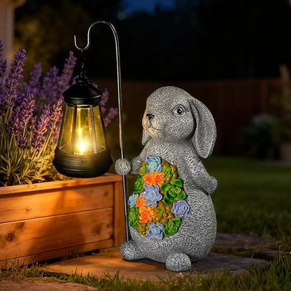 Solar Rabbit Garden Statue with Lantern – Waterproof Resin Outdoor Decor for Yard, Lawn, Patio, Garden – Gift for Easter, Christmas, Housewarming – Solar Garden Decor